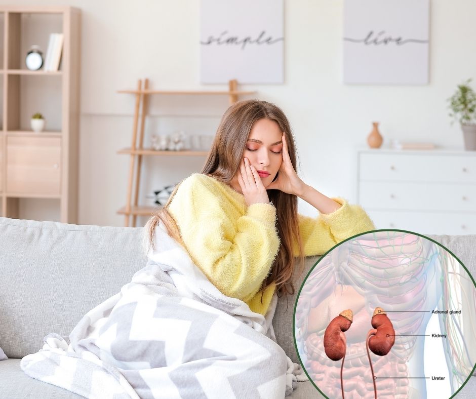 woman sitting on couch wondering why she's exhausted and inset photo to show what adrenal glands are.